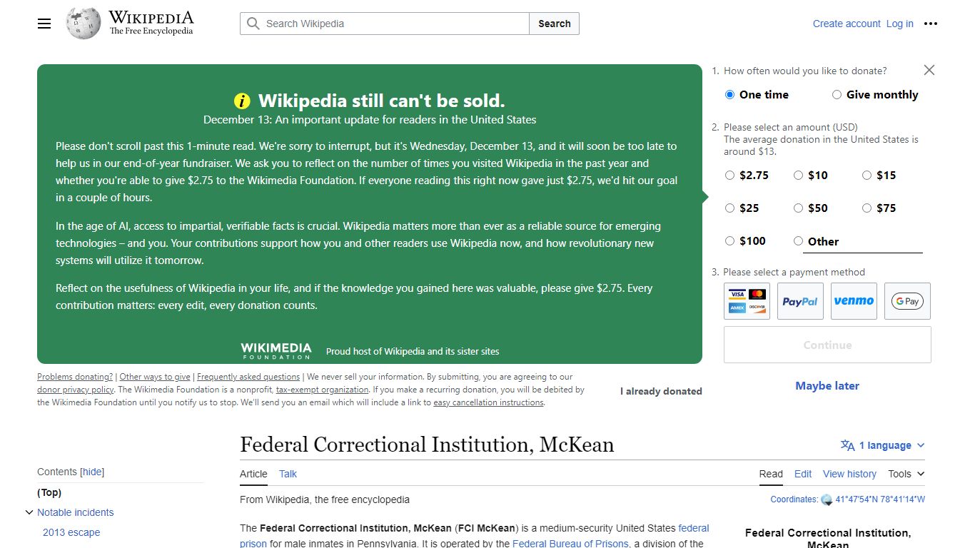 Federal Correctional Institution, McKean - Wikipedia
