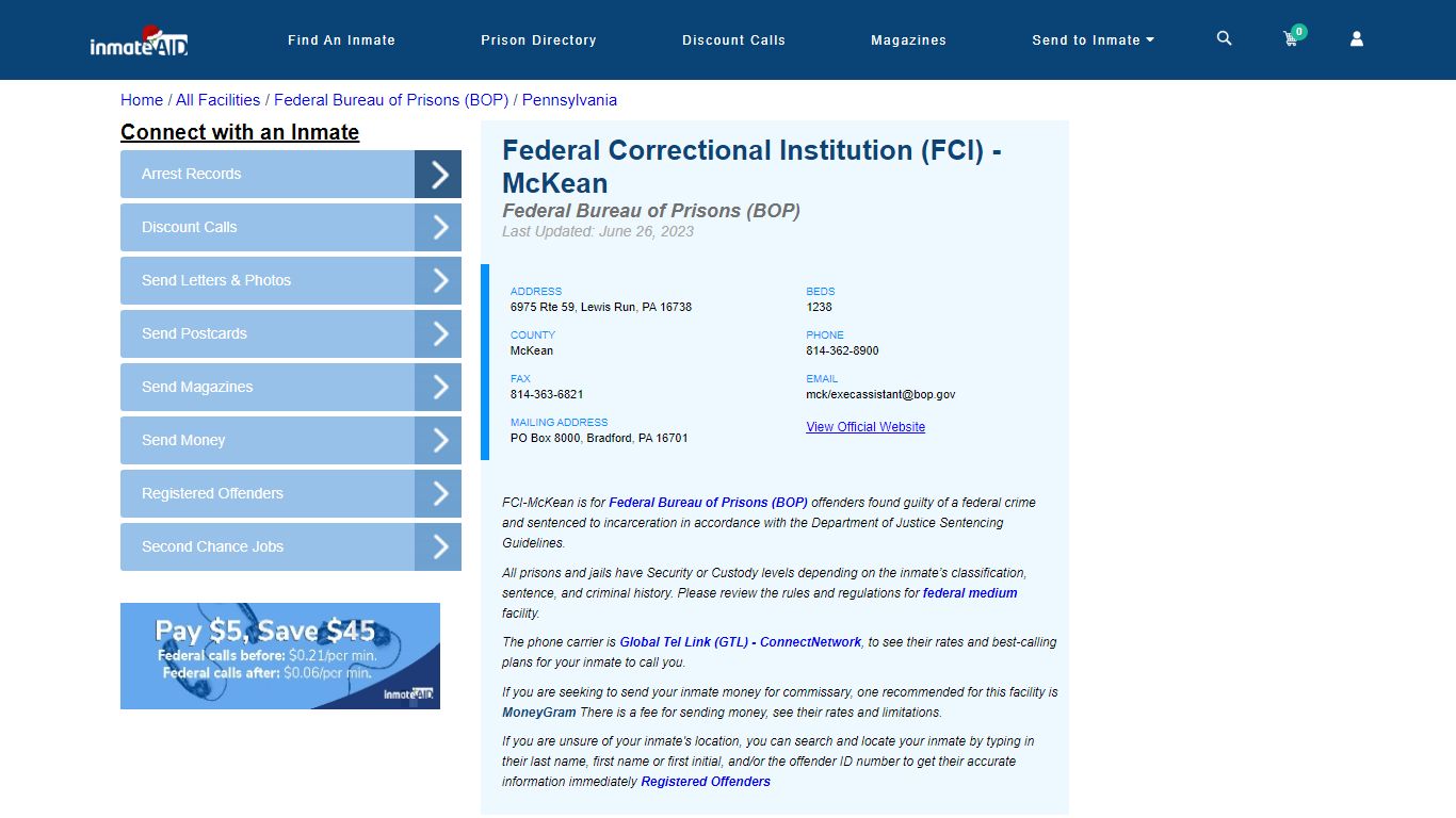 Federal Correctional Institution (FCI) - McKean - Federal Inmate ...