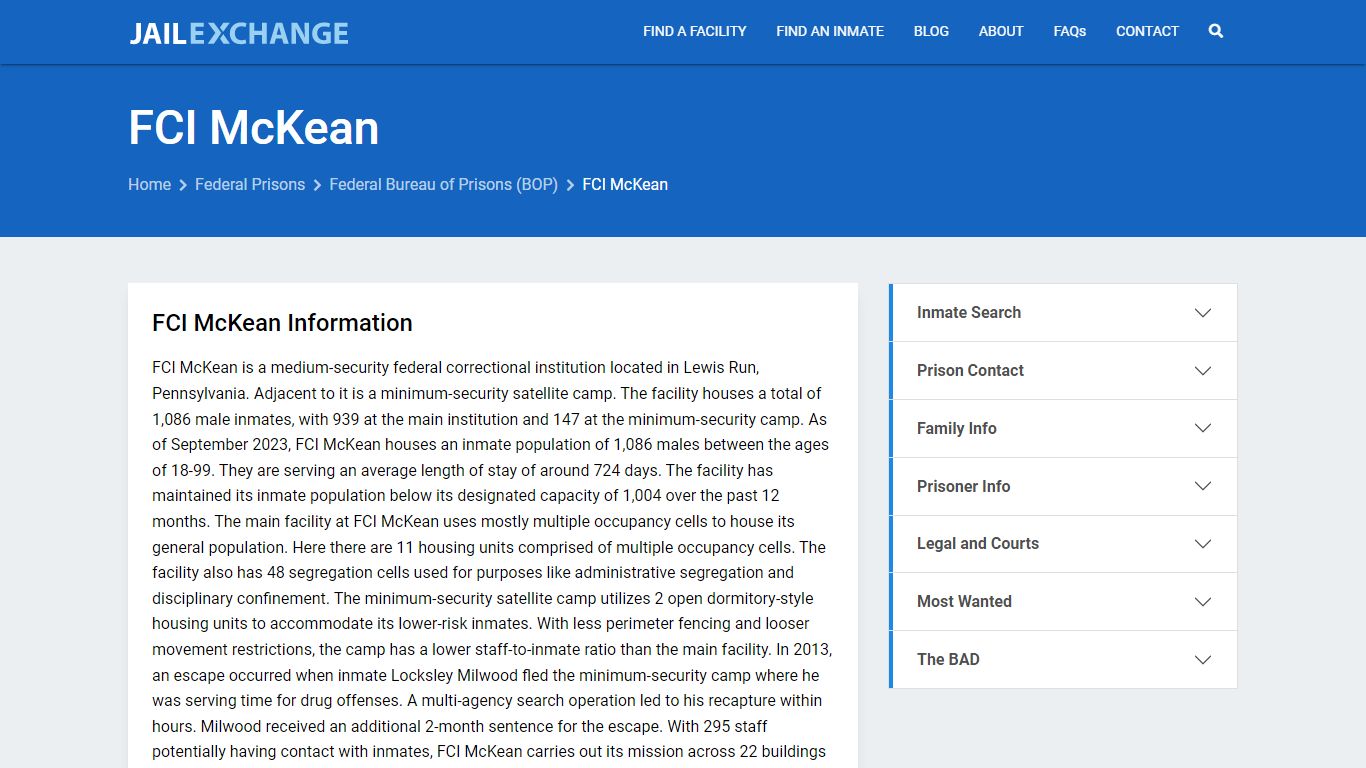 Federal Inmate Search - FCI McKean - Jail Exchange