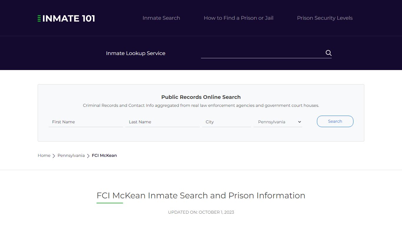 FCI McKean Inmate Search | Lookup | Roster