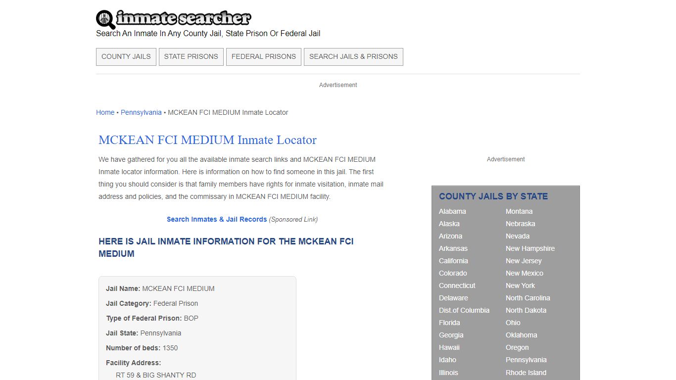 MCKEAN FCI MEDIUM Inmate Locator - Inmate Searcher