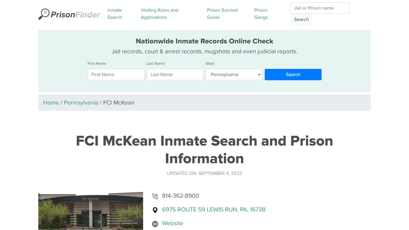 FCI McKean Inmate Search and Prison Information